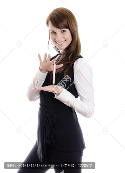 開朗有魅力的女人用圓珠筆。白色隔離。