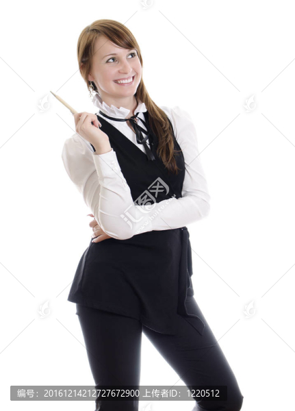 開朗有魅力的女人用圓珠筆。白色隔離。