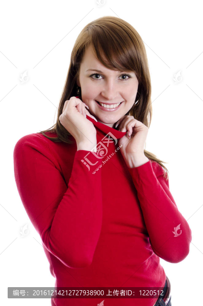 穿著紅色毛衣的漂亮女人。白色隔離。