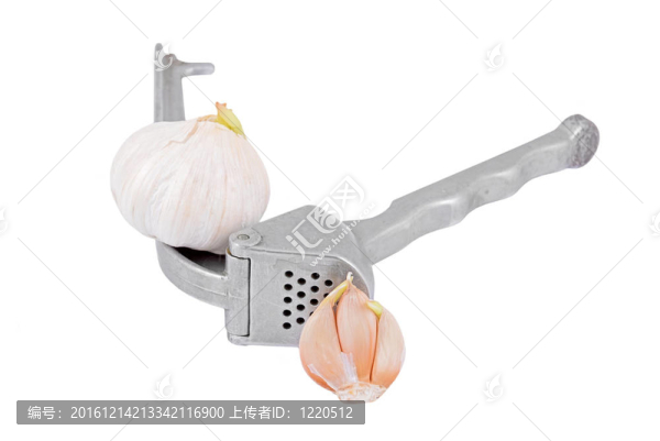 大蒜壓榨和大蒜；白色背景分離