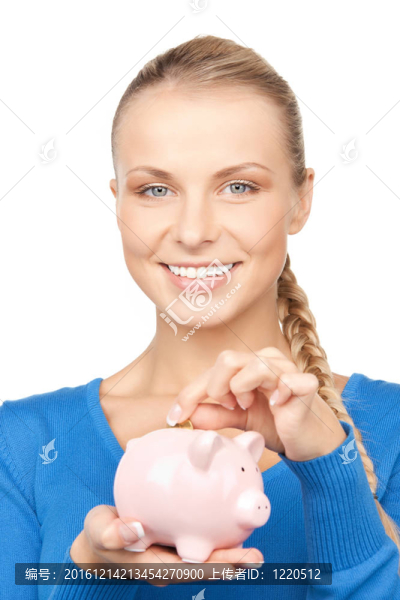 可愛的女人存錢罐和錢