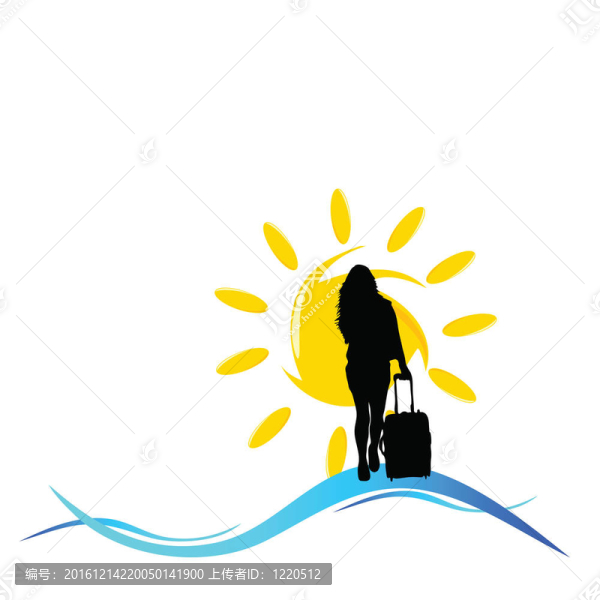 帶著太陽(yáng)和海洋插圖的旅行包的女孩