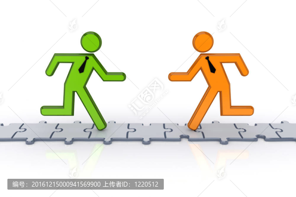 3D小人物在拼圖上奔跑。