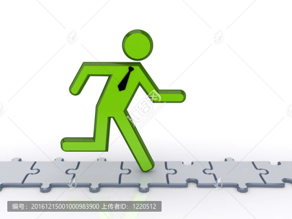 3D小人物在拼圖上跑步。