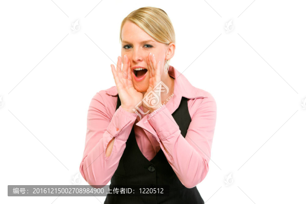 現(xiàn)代企業(yè)通過擴音器喊開朗女人的手形白色隔離