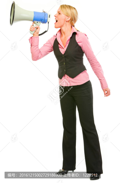 現(xiàn)代職業(yè)女性在通過(guò)擴(kuò)音器