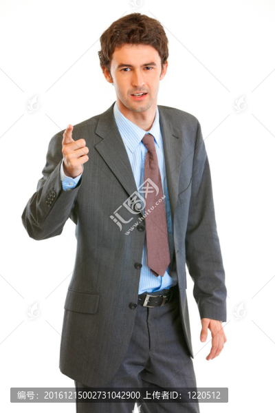 嚴(yán)謹(jǐn)現(xiàn)代商人抖手指孤立白