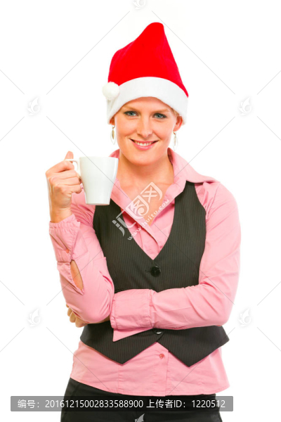 快樂(lè)的現(xiàn)代商業(yè)婦女在圣誕老人與咖啡杯