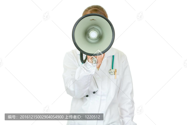 在鏡頭前醫(yī)生的女人站在擴(kuò)音器說白色隔離