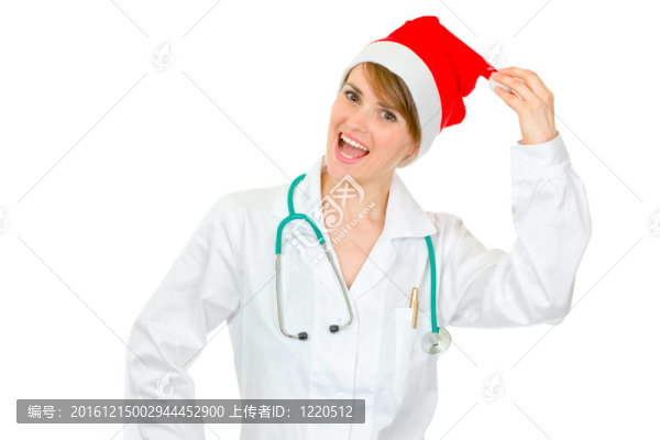 快樂的醫(yī)生，女人在Santa的帽子拿著個白色隔離