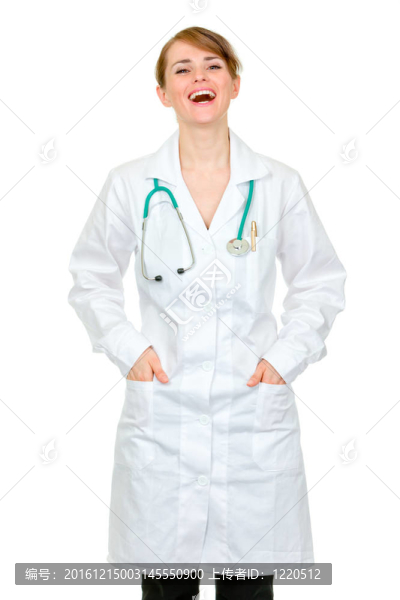 大笑的醫(yī)生女人手拿著白色的長袍
