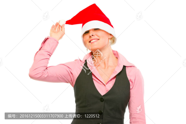 愉快的辦公室婦女與Santa,Hat在她的眼睛