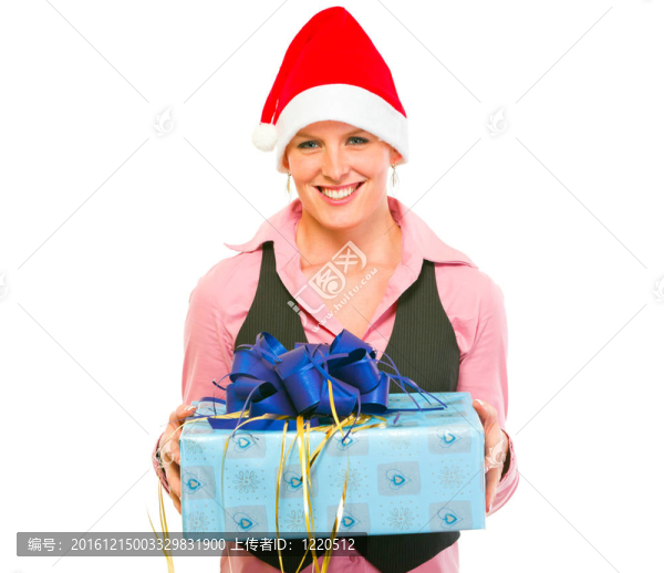 快樂(lè)現(xiàn)代商業(yè)婦女在圣誕老人與禮品盒