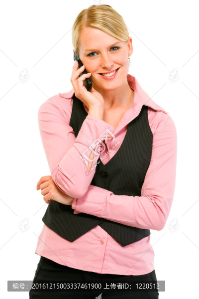 微笑的商業(yè)女性在手機(jī)上交談
