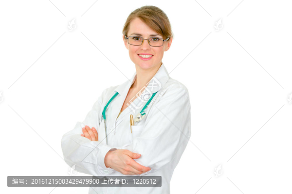 面帶微笑的女醫(yī)生，胸前戴著胸前交叉雙臂的眼鏡