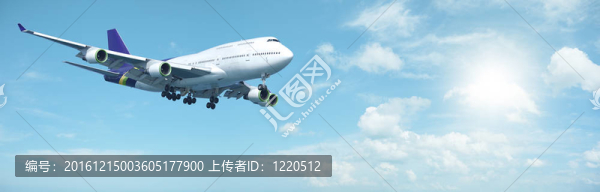 噴氣式飛機(jī)在晴朗的天空中行駛。全景式構(gòu)圖。