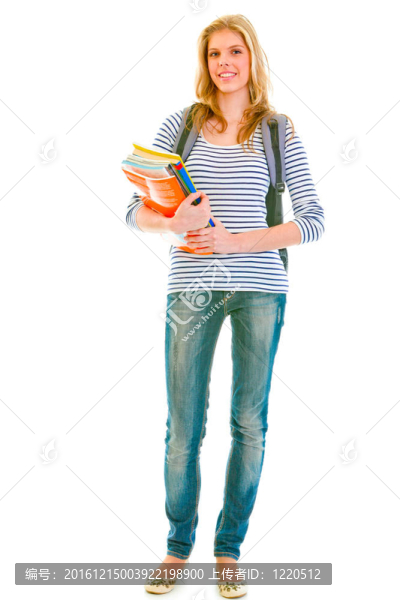微笑的背包和課本孤立在白色漂亮的少女肖像