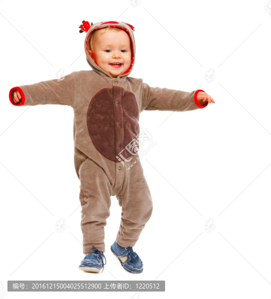 可愛的嬰兒在圣克勞斯的馴鹿舞蹈服裝