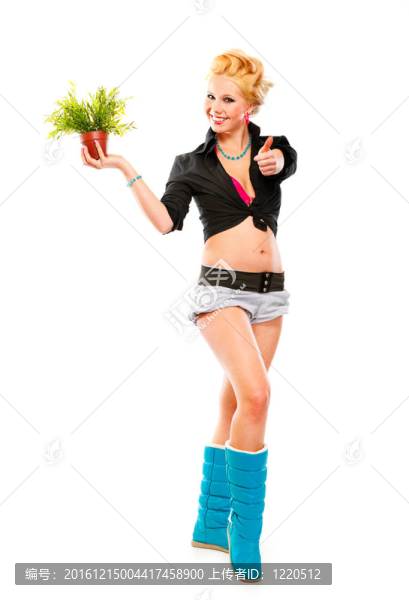 全長(zhǎng)的年輕女孩在花盆里的肖像顯示拇指上的手勢(shì)孤立在白色