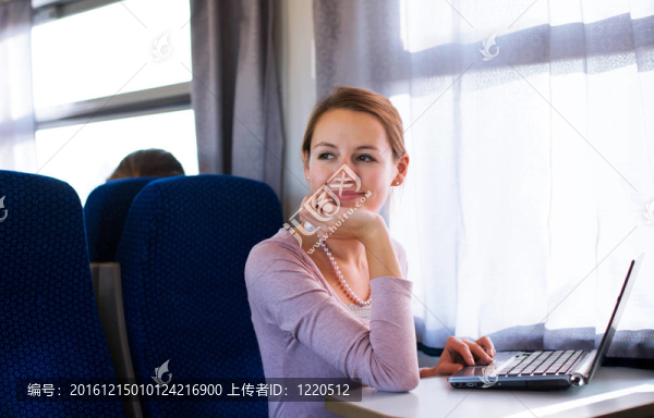 年輕女子在火車上使用筆記本電腦