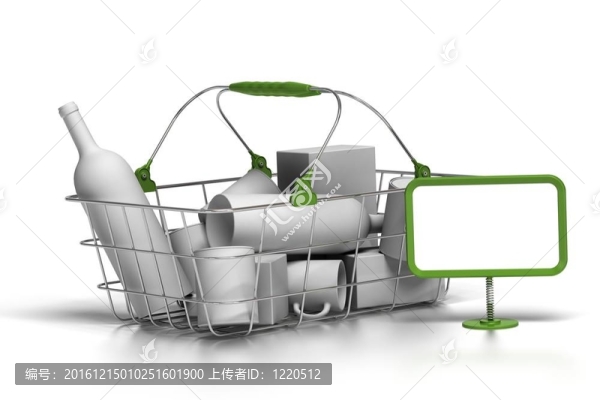內有白色物品的金屬籃；3D渲染；綠色塑料部件和空白標志；白色背景