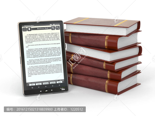 電子書閱讀器和一堆書。3d