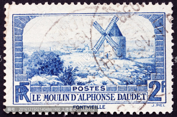 法國-大約1936：印刷在法國郵票展示的風車在Fontvielle；阿爾豐斯·都德第七十周年？我的文