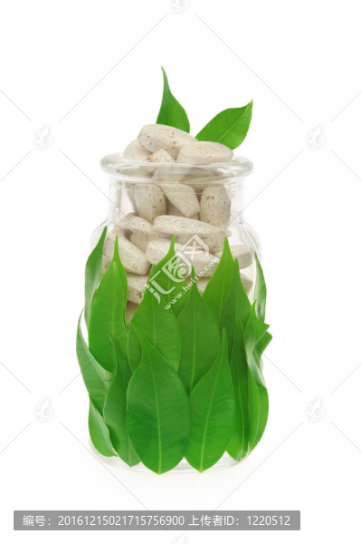 玻璃中草藥丸和鮮葉