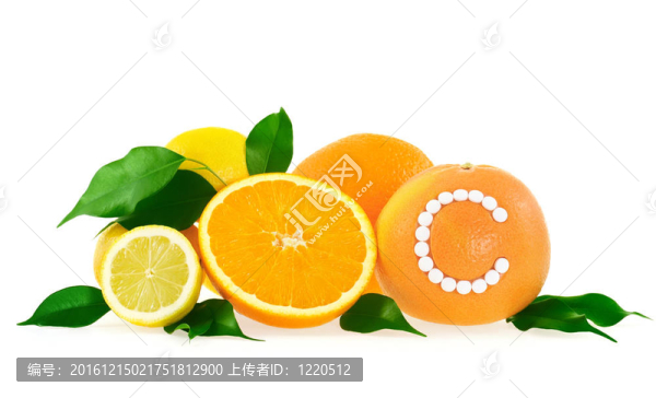 橙色；檸檬；在白色背景的維生素C丸葡萄柚