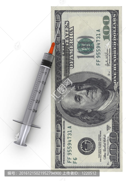 在100美元的鈔票的注射器。3D渲染