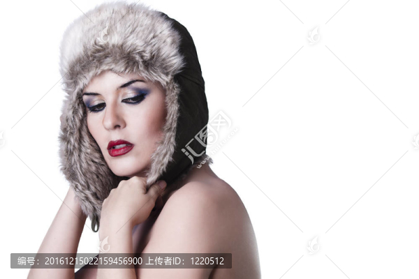 性感的年輕女孩，雪帽；白色隔離