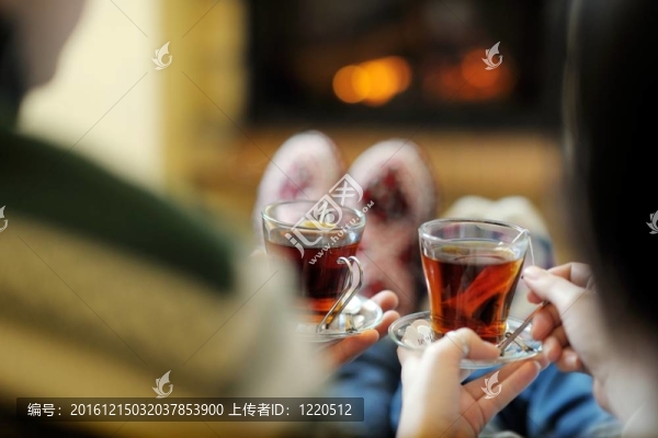 年輕的浪漫情侶在壁爐前的沙發(fā)上放松