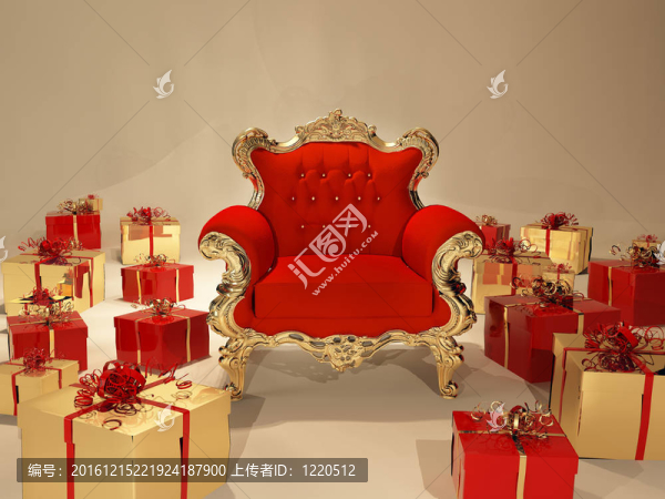 金色框架和禮品盒的皇家扶手椅