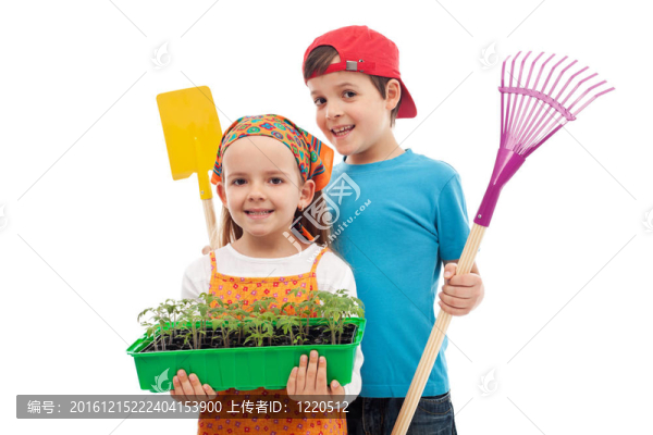春天的幼苗和園藝工具的孩子