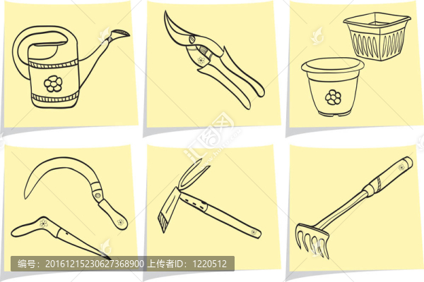 園藝工具在黃色的備忘錄說明枝-涂鴉風(fēng)格