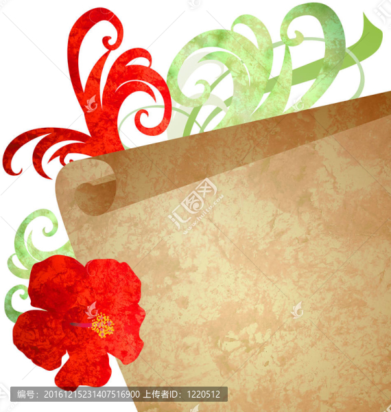 紅色花和舊紙卷軸水彩插圖