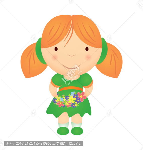 卡通女孩抱著白色花朵孤立
