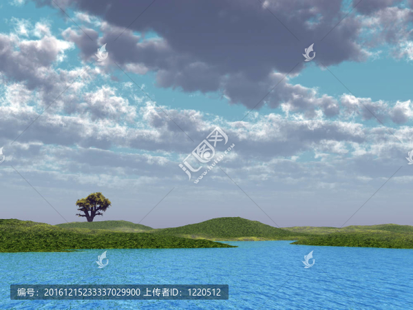 在藍(lán)水和多云的天空背景下獨(dú)自一人在田間