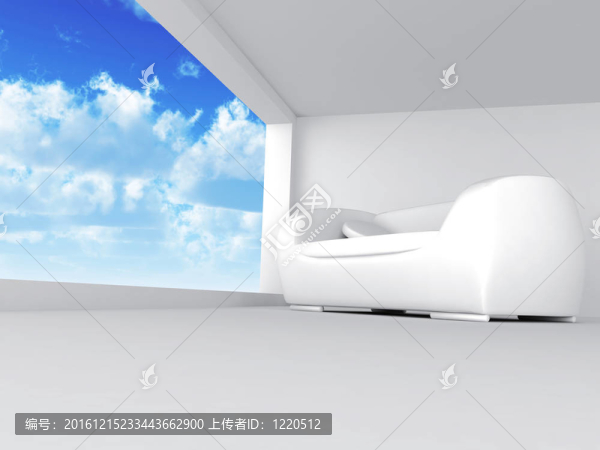 房間的沙發(fā)與輕色調(diào)與藍(lán)色的天空在開放的窗口