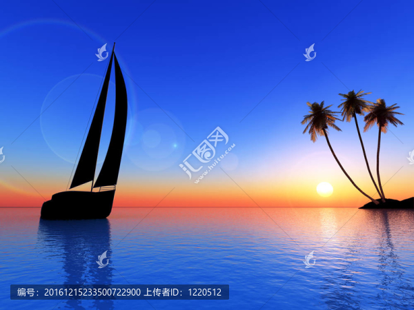在美麗的日落和棕櫚島上航行的海上航行船