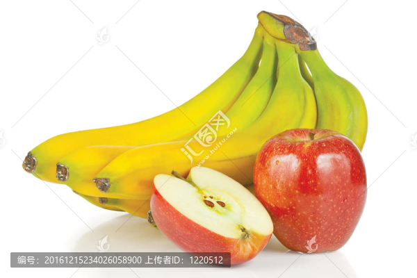 白色背景上的新鮮蘋果和一串香蕉