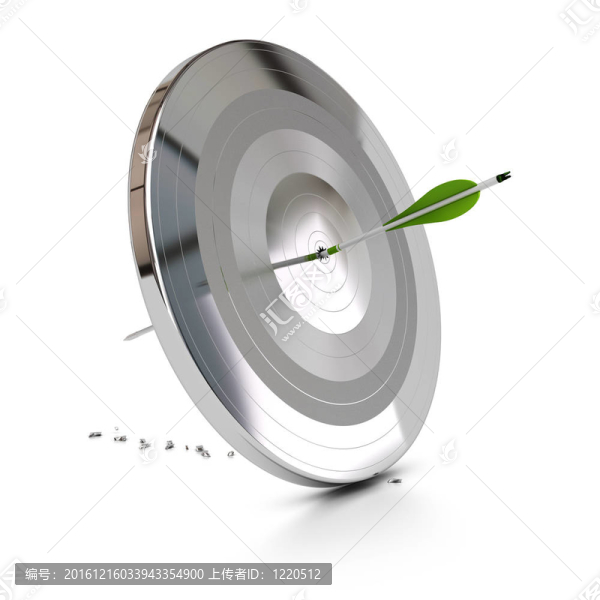 一個綠色箭頭在白色背景上刺穿金屬目標；克服困難的象征