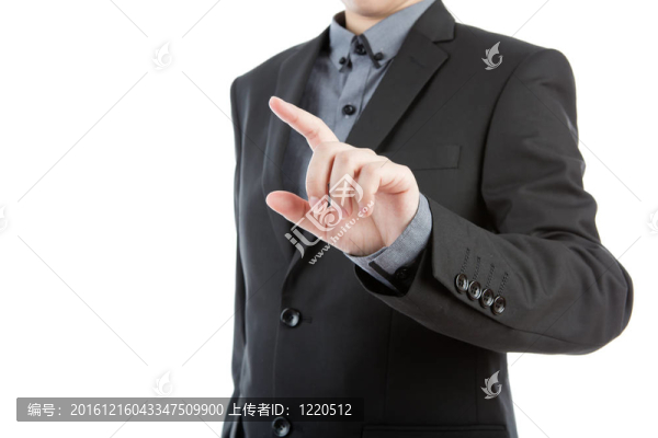 生意人碰到一個假想的白色背景屏幕