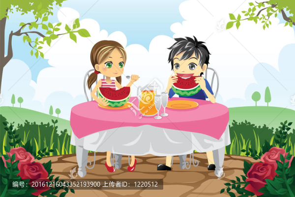 孩子在公園里吃西瓜