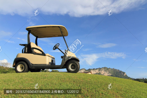 路徑上的高爾夫球車；漂亮的綠草和藍(lán)天背景