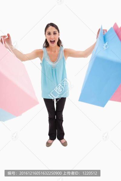 一個(gè)女人拿著購(gòu)物袋的肖像
