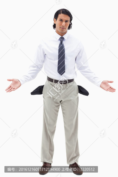 一個無辜商人展示他的空口袋的肖像