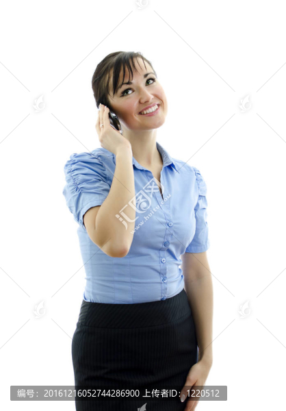 商務女性在電話上說話；在白色上孤立