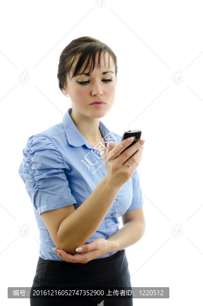商業(yè)婦女撥打電話；孤立的白色