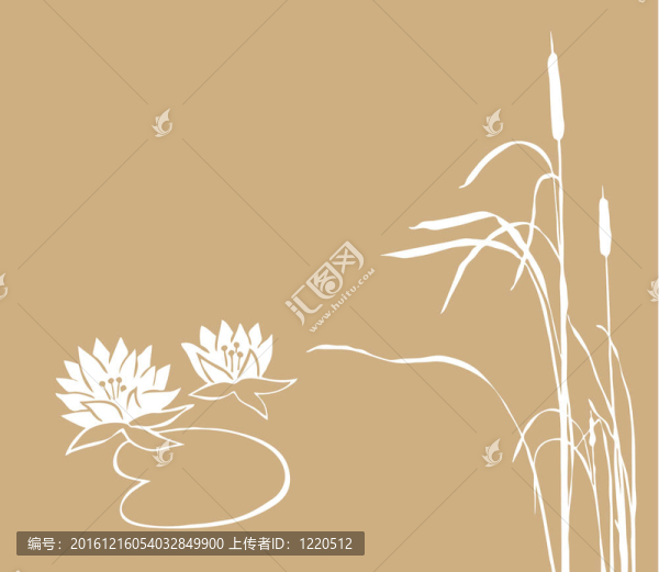 褐色背景上的睡蓮和蘆葦；插圖